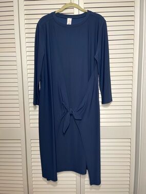 Wynne Layers Dress Blue Faux Wrap Tie Front 3/4 Sleeves Boat Neck Knit Size L